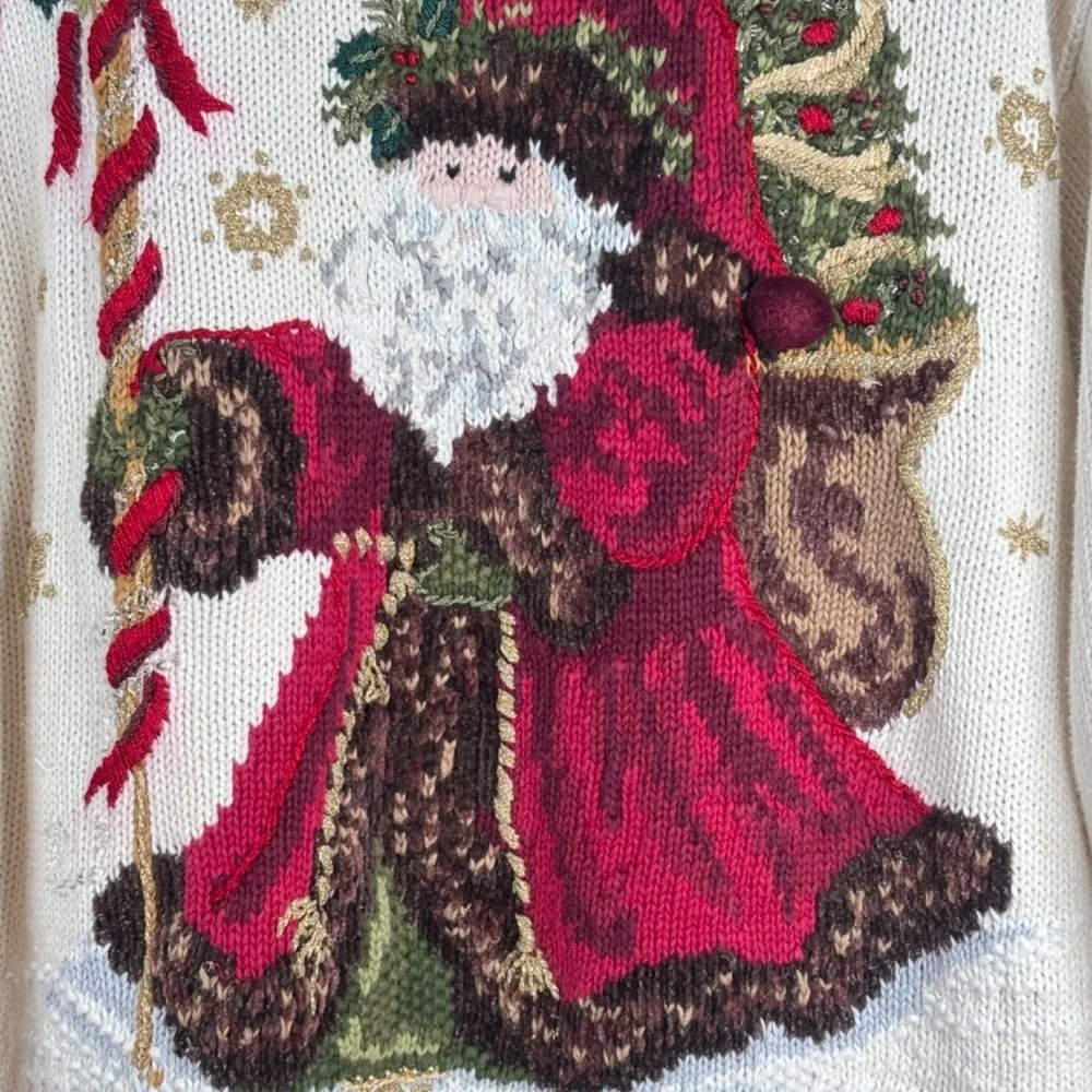 VTG 90s Tiara Christmas Sweater L Embroidered Cream Knit Granny Cottage Santa